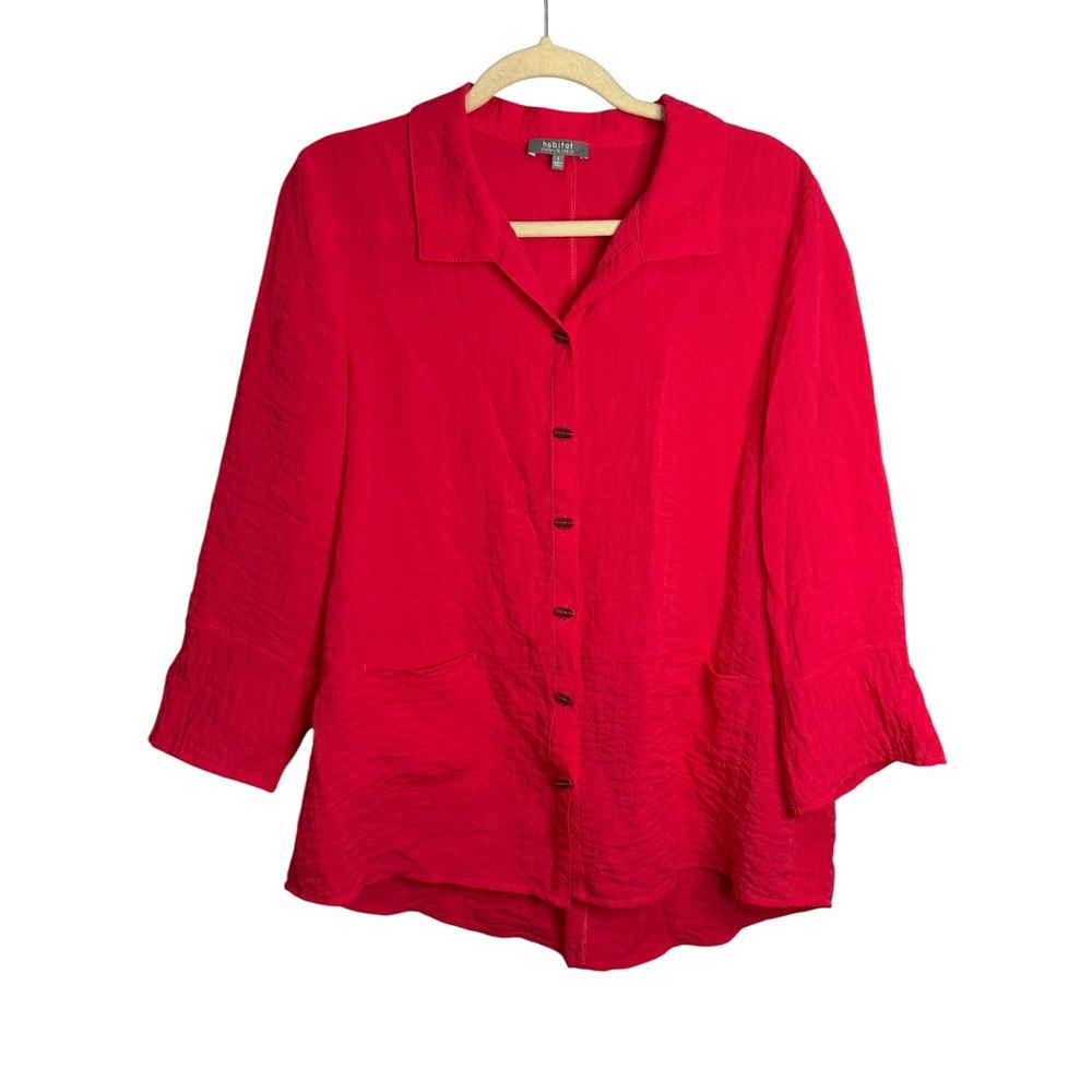 Habitat Blouse Women's Large Office 3/4 Sleeves Button Front Pink Red